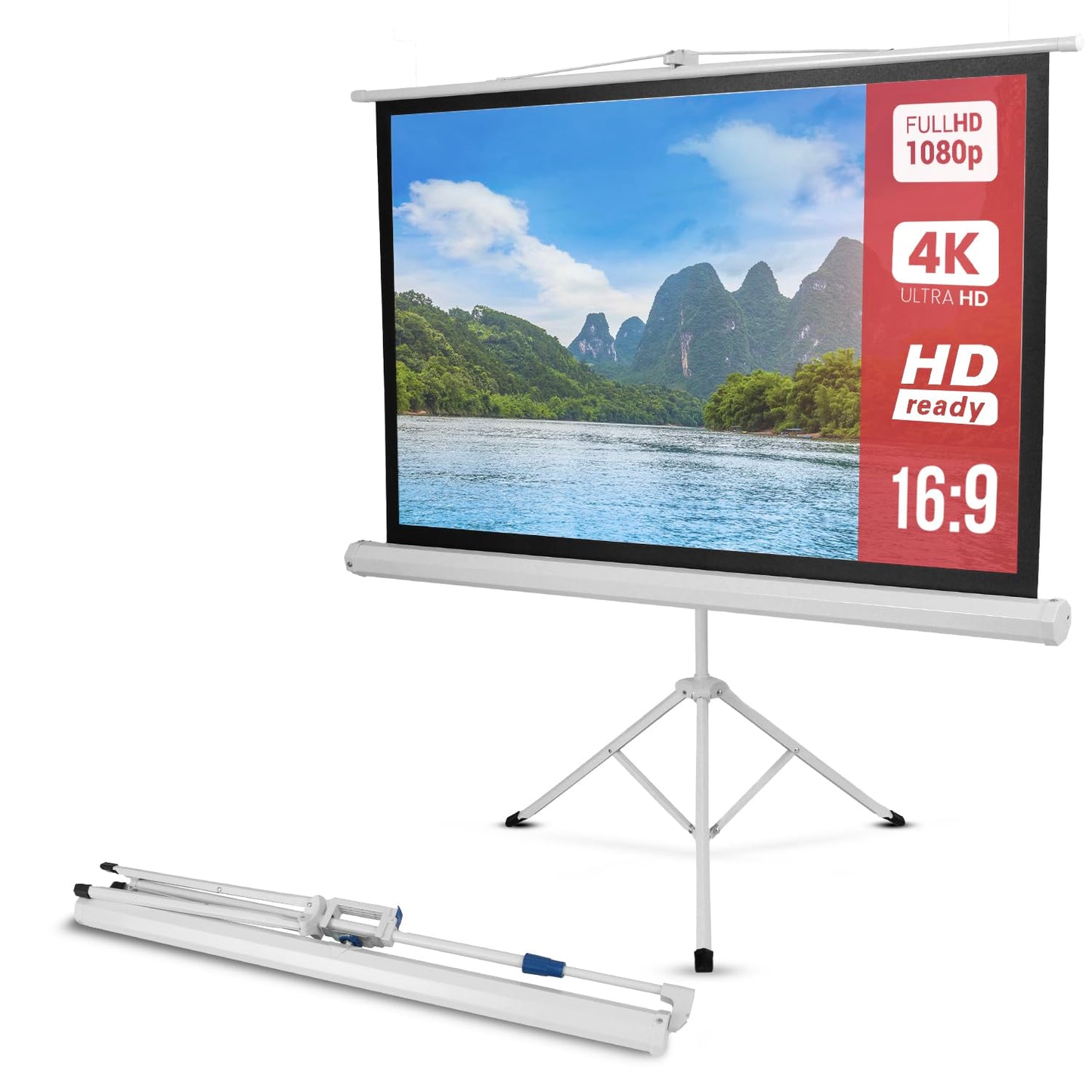 Pyle 50-Inch Outdoor Projector Screen with Tripod Stand, Lightweight Roll-Up Display, Portable Projector with Matte White Fabric for Home Theater