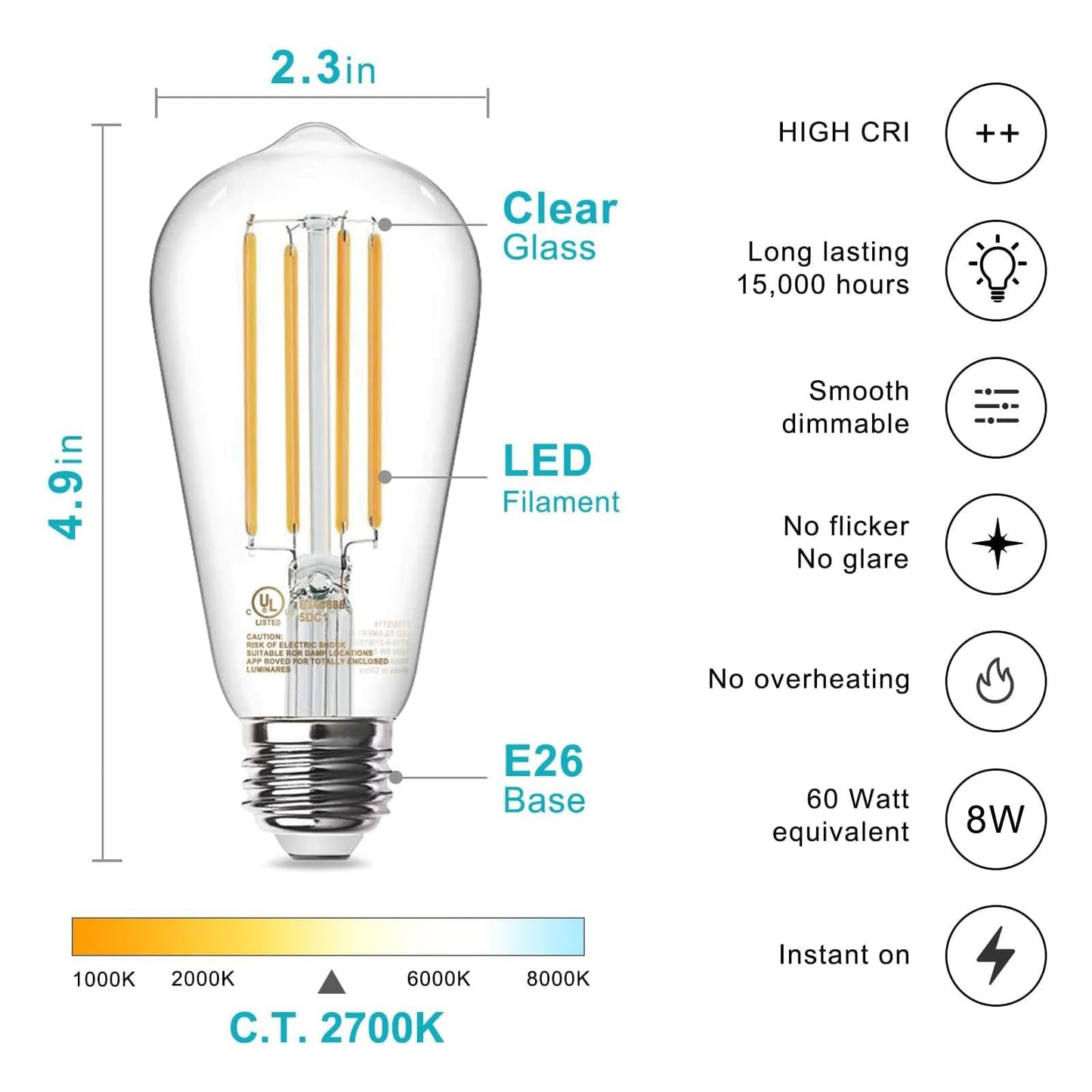 TJOY LED Edison Light Bulbs, E26 Dimmable Vintage Bulb, 8W = 60W Equivalent