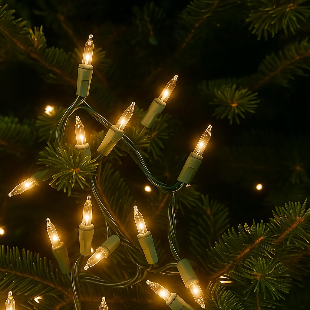 Novelty Lights 34 Feet 100 Bulbs Traditional Incandescent Mini Lights, Clear on Green Wire with 4" Spacing, Commercial Grade and UL Listed