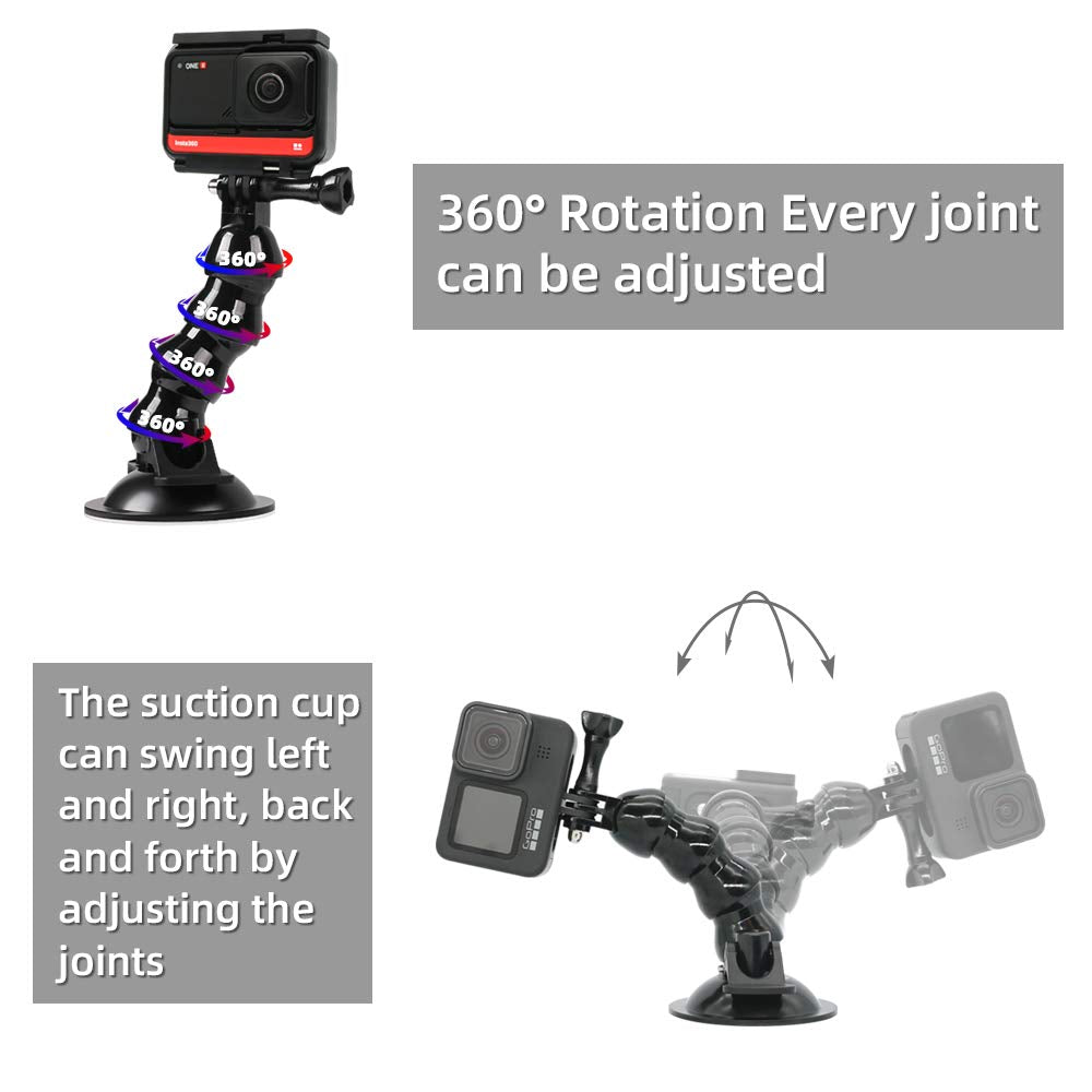 SUREWO Flexible Gooseneck Suction Cup Car Mount Holder for GoPro 13, Flexible Extension Car Windshield Mount with Phone Mount for GoPro Hero 12 11 10