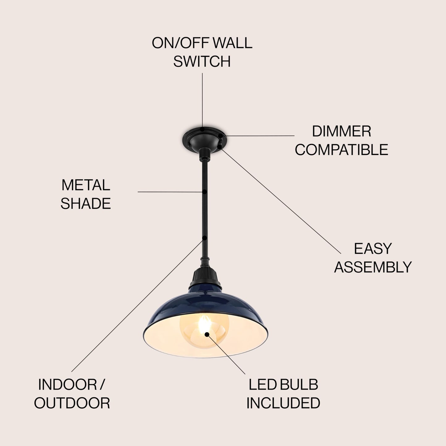 JONATHAN Y 12.25" Navy/Black 1-Light Farmhouse Indoor/Outdoor LED Pendant Iron Hanging Light, and Black Metal Shade, Rustic Ceiling Lamp for Kitchen