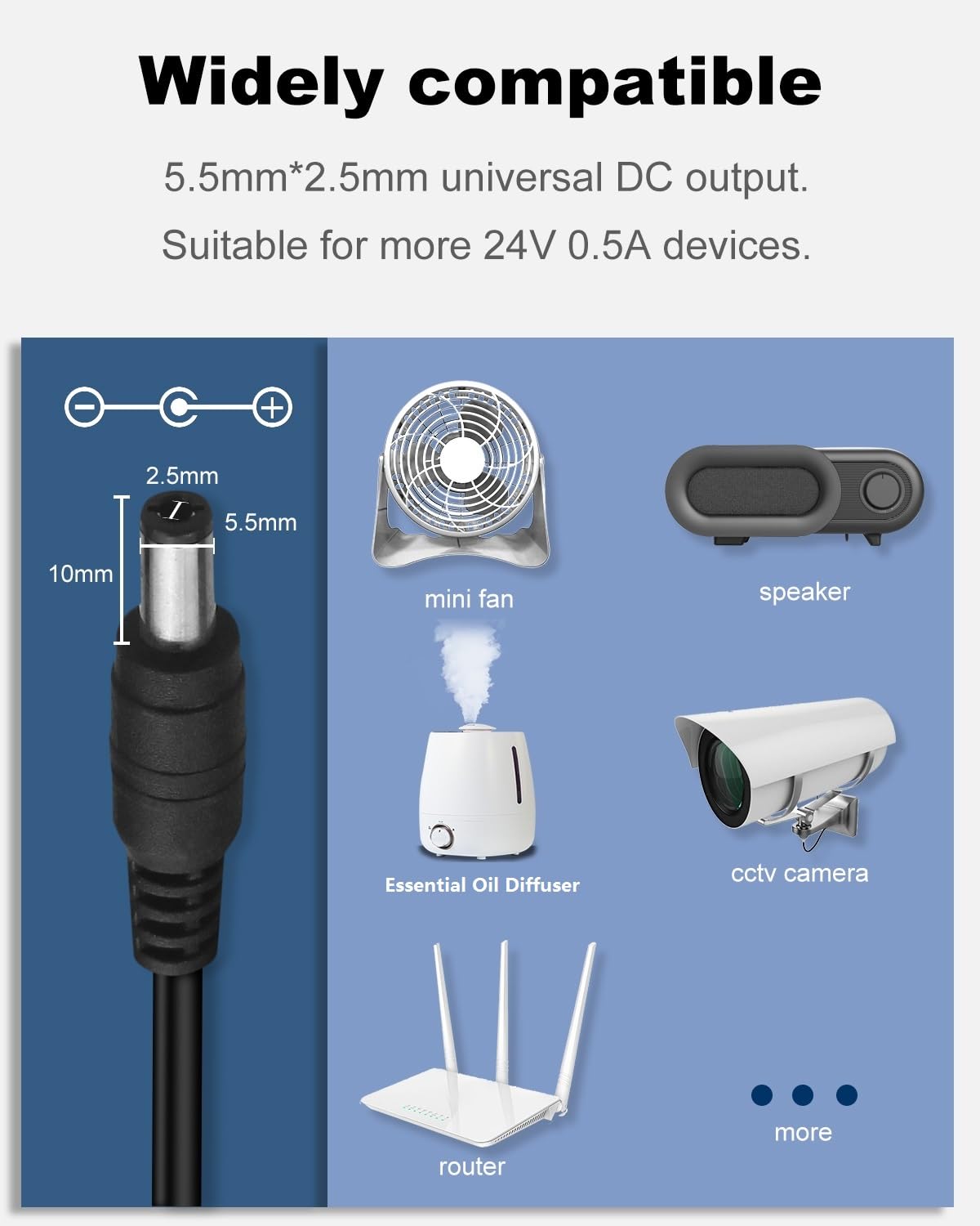 24V 0.5A 500mA DC Power Supply Adapter, AC 100-240V 50-60Hz to 24 Volt 0.5Amp Transformer, DC 24V Power Cord 5.5mm x 2.5mm Barrel Plug for LED Strip…