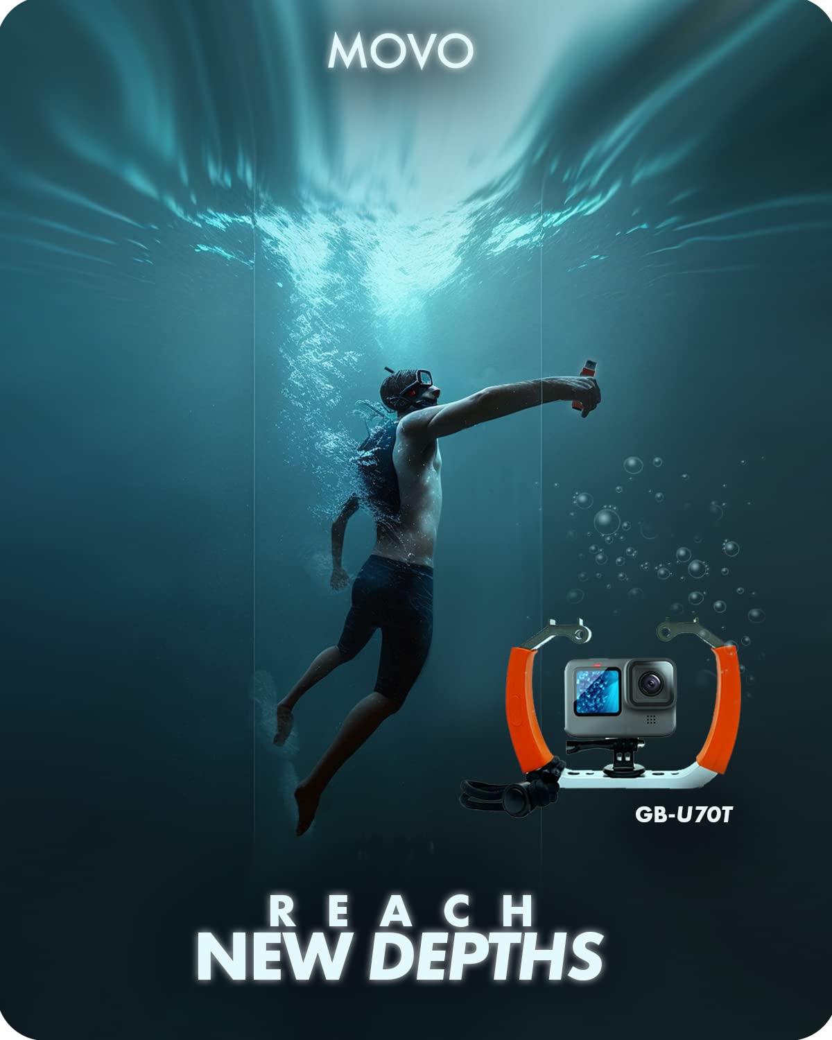Movo GB-U70T Underwater Diving Rig for GoPro Hero with Cold Shoe Mounts, Wrist Strap - Works with HERO6, HERO7, HERO8, HERO9, HERO10, HERO11, and Osmo