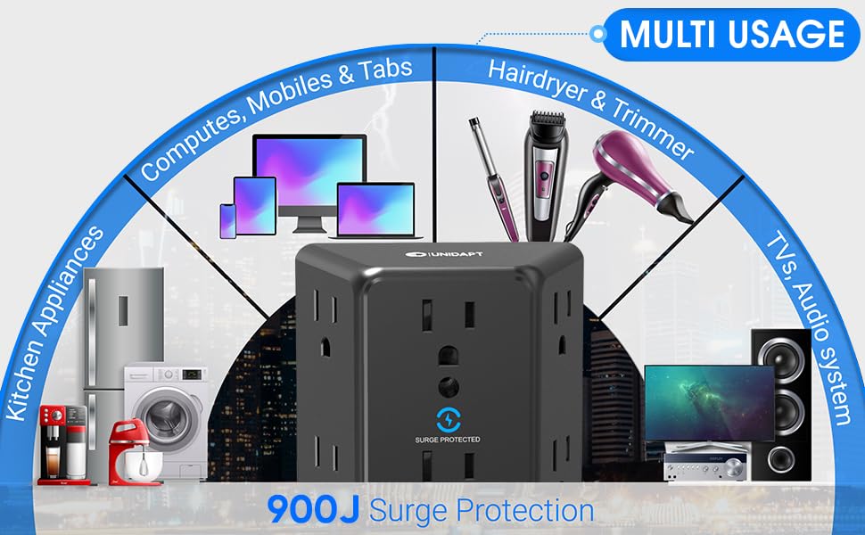 Multi Plug 6 Outlet Extender, Unidapt Black Surge Protector Wall Splitter, 900J Power Strip 3 Side Wide Spaced Adapter Multiple Charger Expander