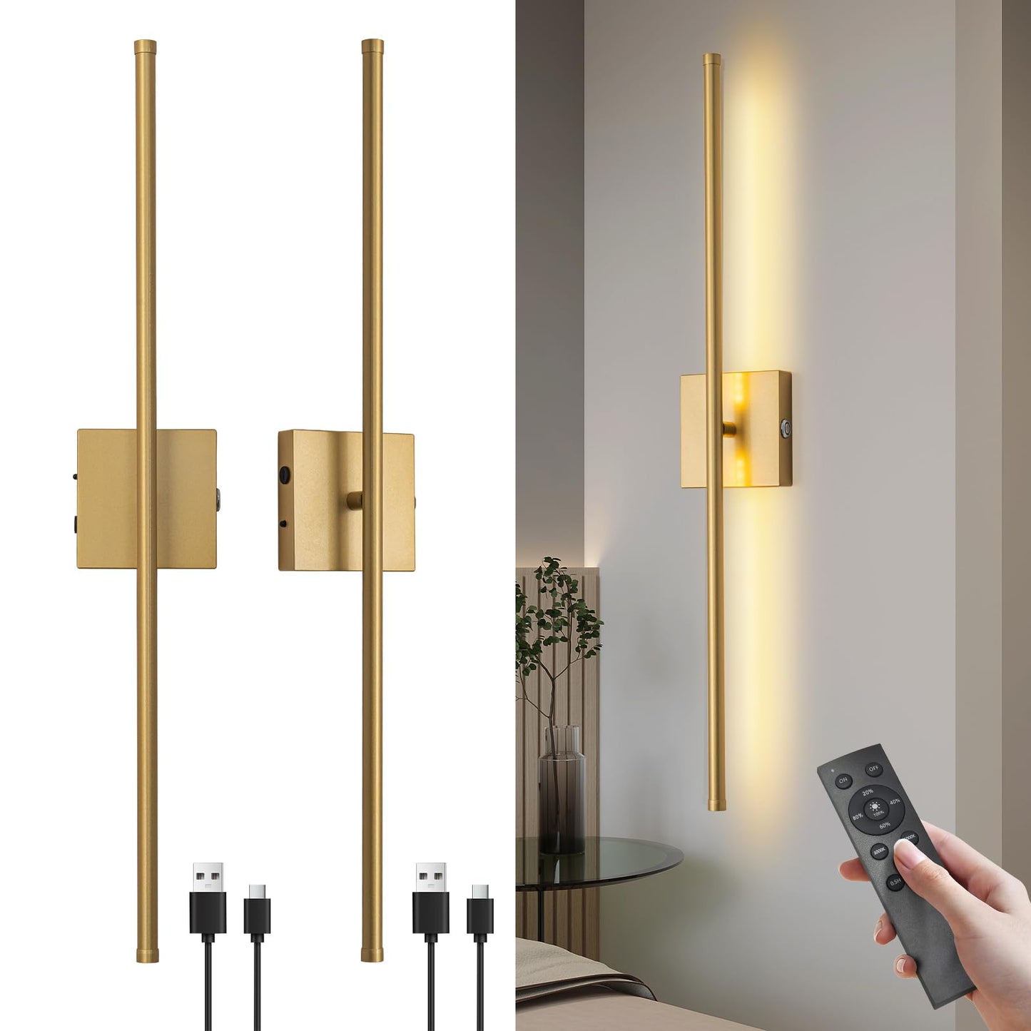 usiopup Battery Operated Wall Sconces Set of Two,Rechargeable Bathroom Light Fixtures with Remote,Bathroom Vanity Lights,Wireless Wall Lamps