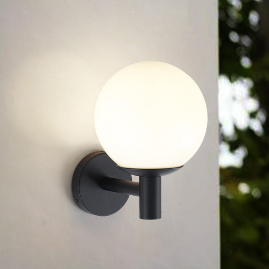 Lucande Porch Light Outdoor Globe Wall Light, Modern Exterior Sconce with Opal Glass Shade, Black Wall Light Fixture for Exterior Patio Balcony