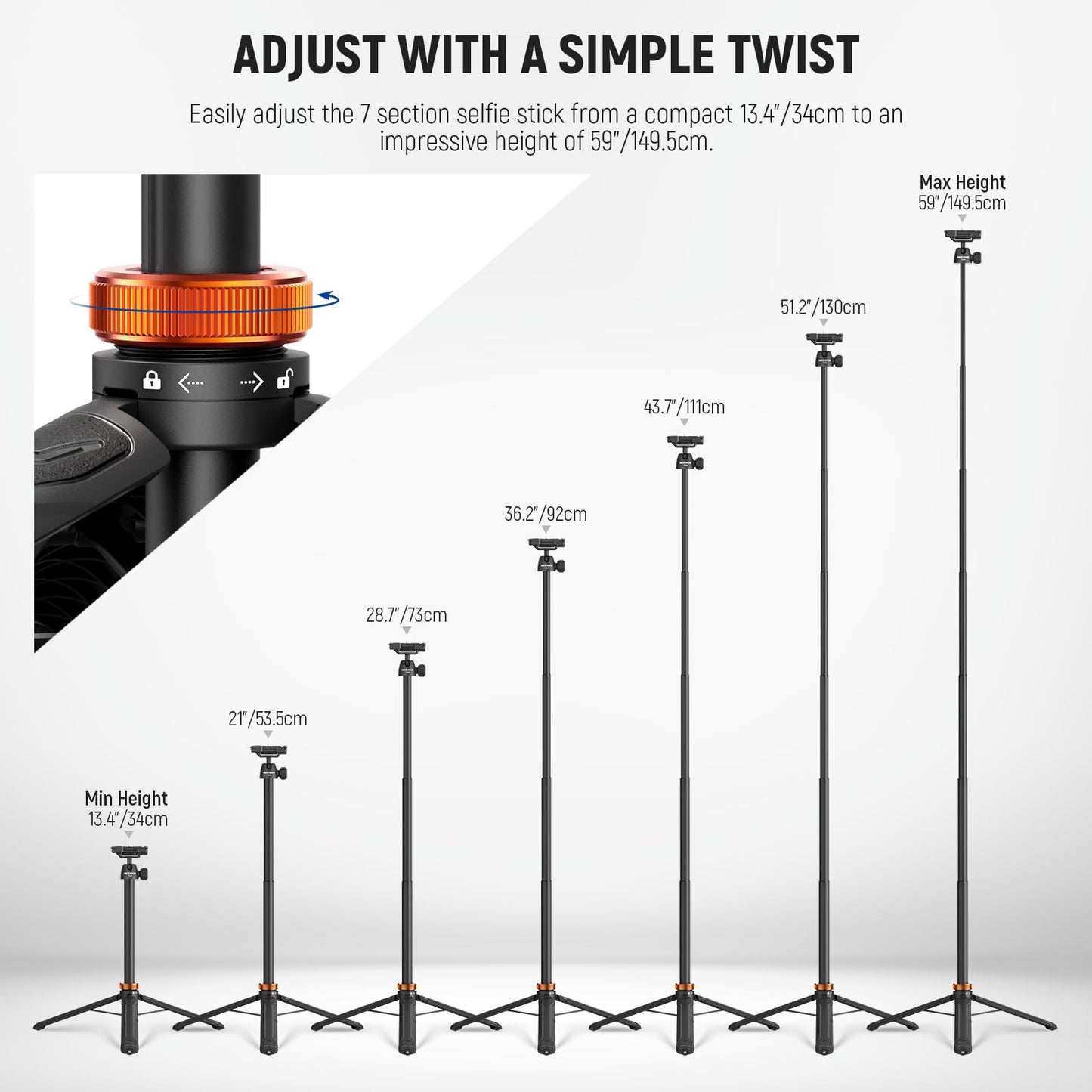 NEEWER Basics 59" Selfie Stick Tripod Compatible with iPhone DLSR Canon Sony Camera, Small Metal Portable Travel Desk Stand for Video Recording