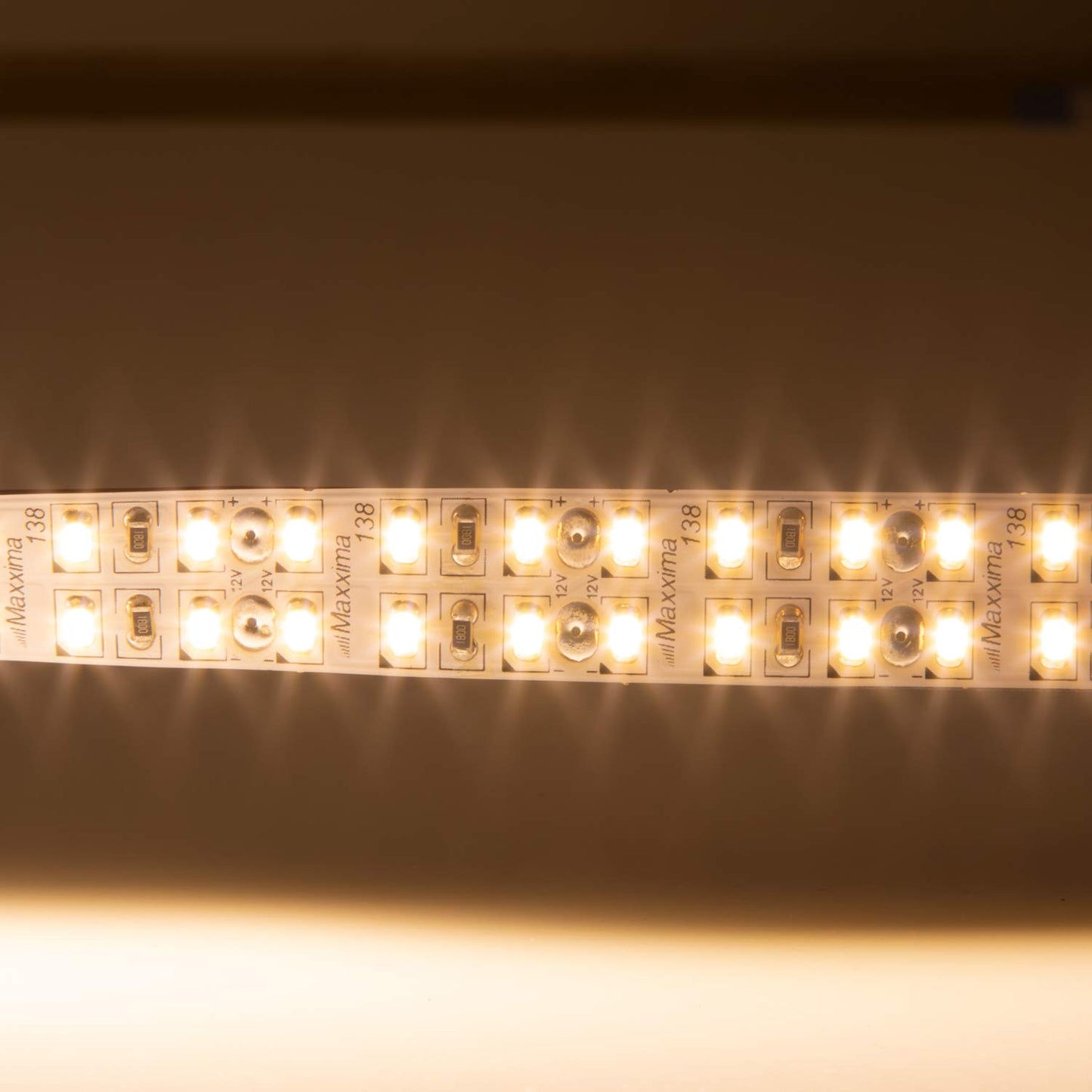 Maxxima 16.4 ft. LED Strip Light, 12V Double Row Flexible Strip, 3000K Warm White, 1200 LEDs, 500 Lumens per Foot, Self Adhesive Under Cabinet Low