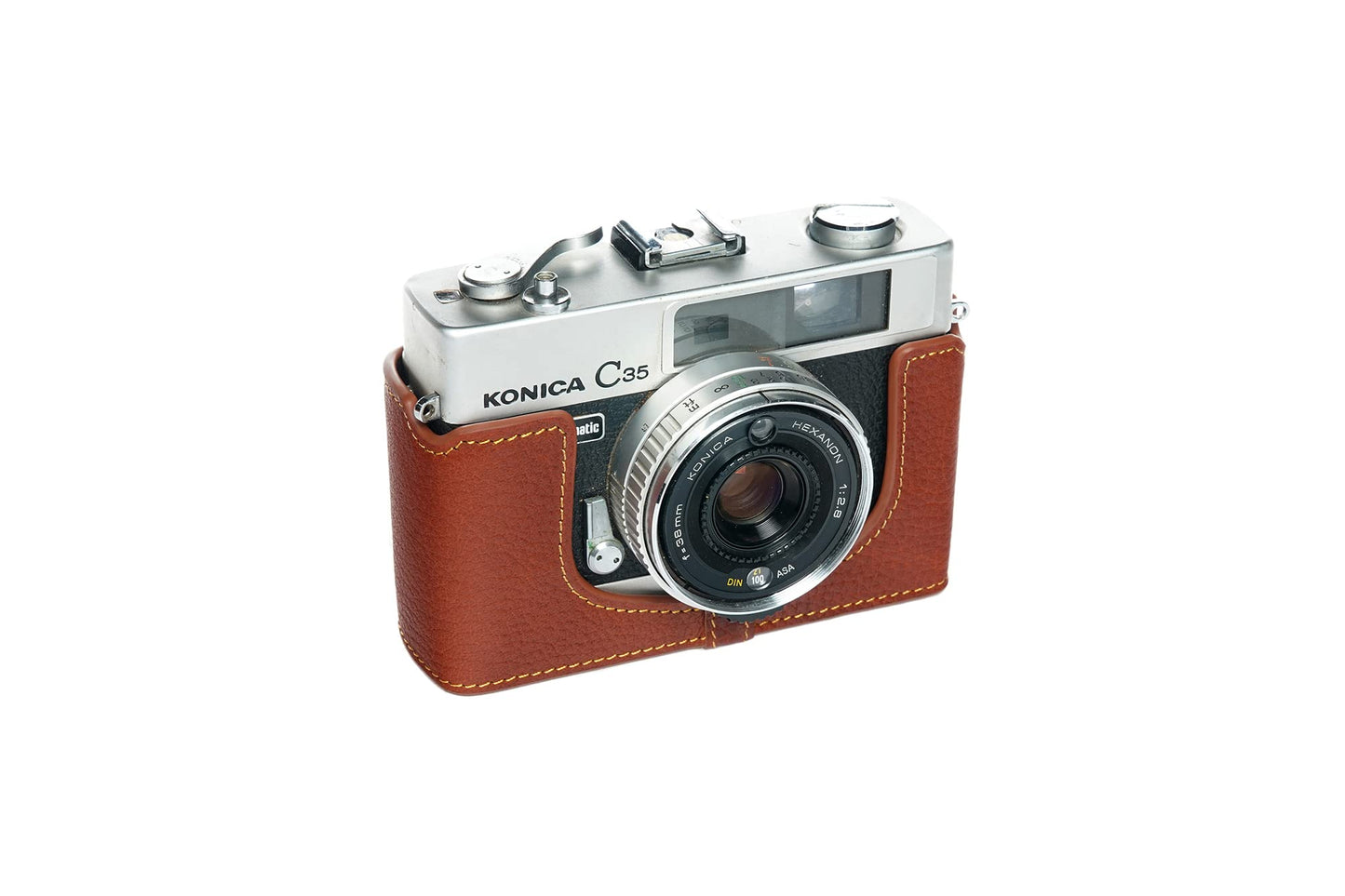 C35 Case, BolinUS Handmade Genuine Real Leather Half Camera Case Bag Cover for Konica C35/C35 Automatic/C35 Flashmatic Camera With Hand Strap (Brown)
