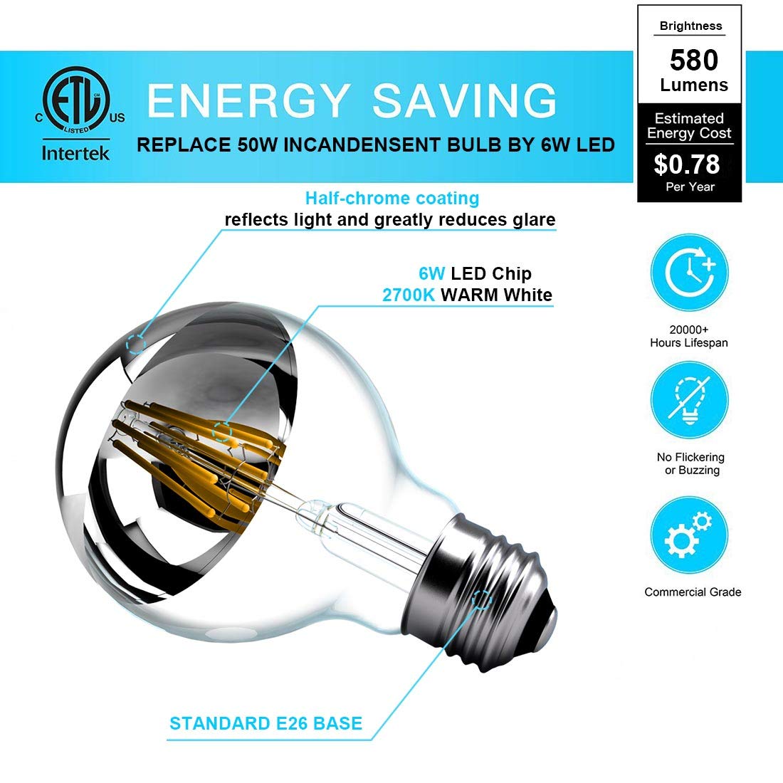 KarlunKoy Half Chrome Light Bulb,6W Dimmable Half Silver Glass,G25 Warm E26
