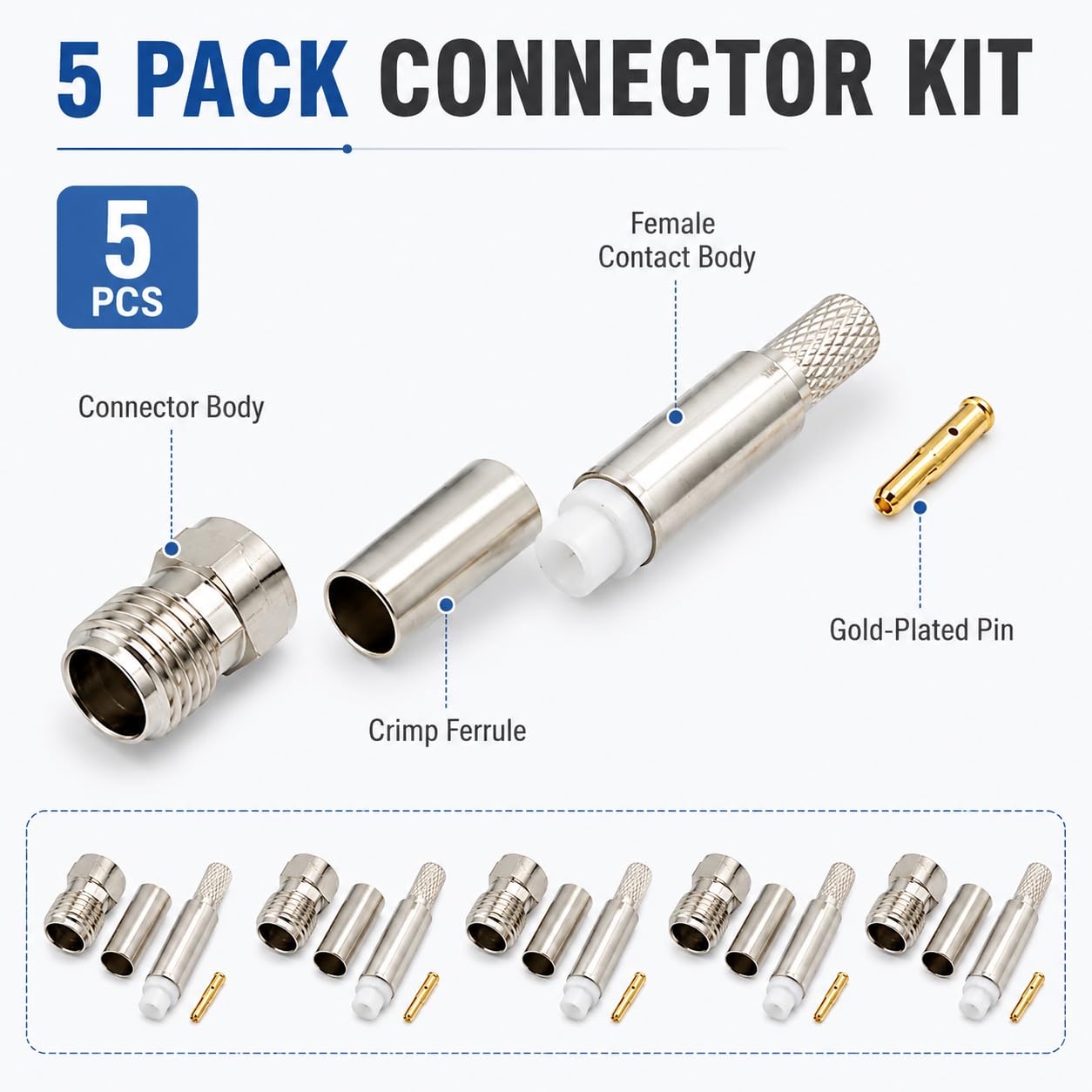 Supmory 5 Pack FME Female Crimp Connectors, Gold, 50 Ohm, Low Loss, Suited for RG58, RG142, rg400, 195 Coaxial Cables