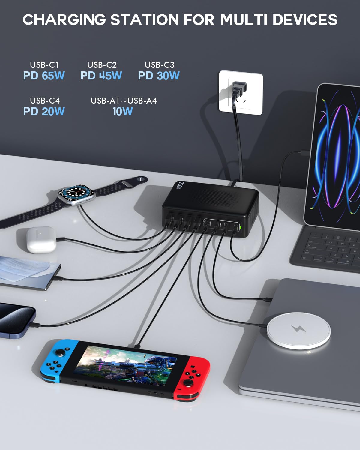 USB C Charger Block, 200W 8 Port USB C Charging Station, GaN Type C & A Charger Fast Charging Desktop Hub PD Block Laptop Adapter for Apple iPhone Air