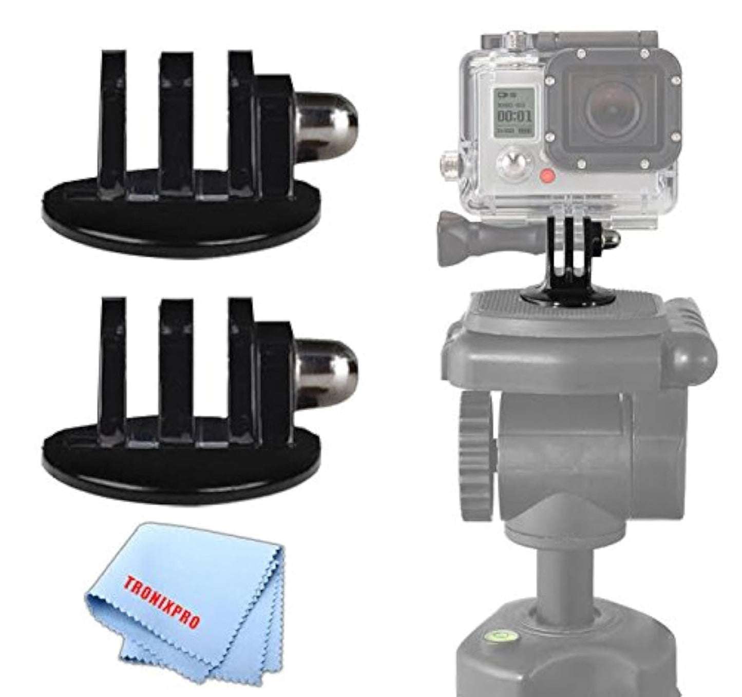 2 Tripod Mount for GoPro HERO1, HERO2, HERO3, HERO3+, HERO4, Black, Silver, and White Editions, HERO6, Fusion & Sessions Cameras with Microfiber Cloth