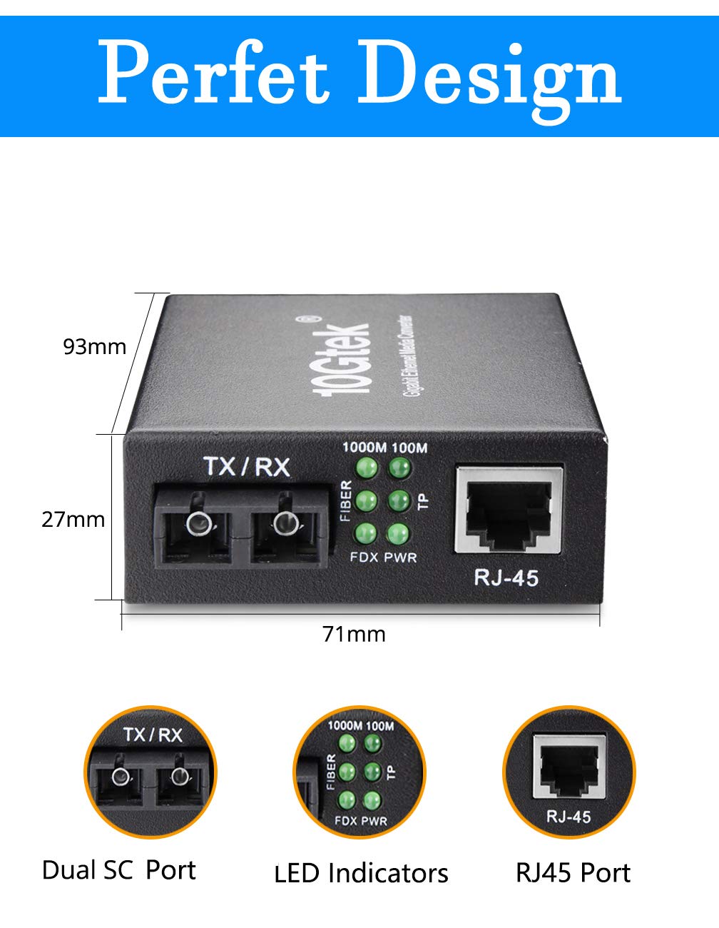 Fiber to Ethernet Media Converter, Gigabit Single Mode Dual SC Converter, Built-in Fiber Module up to 20km, Dual SC to 10/100/1000M RJ45, SMF, 1310nm