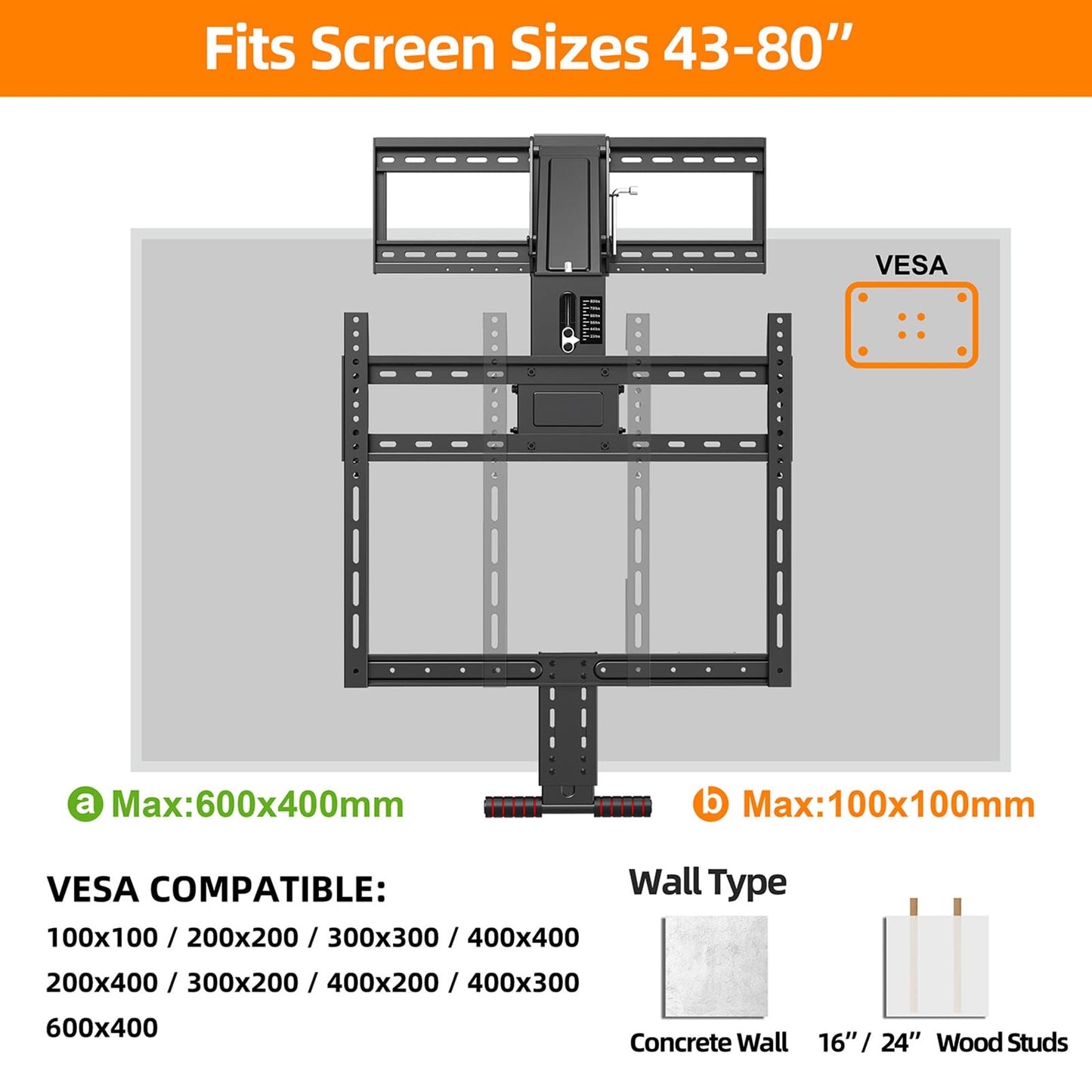 Pull Down TV Mount for Fireplace, Height Adjustable for Most 43-80 Inch TVs, Max VESA 600x400mm up to 80lbs, Full Motion Articulating Above Mantle