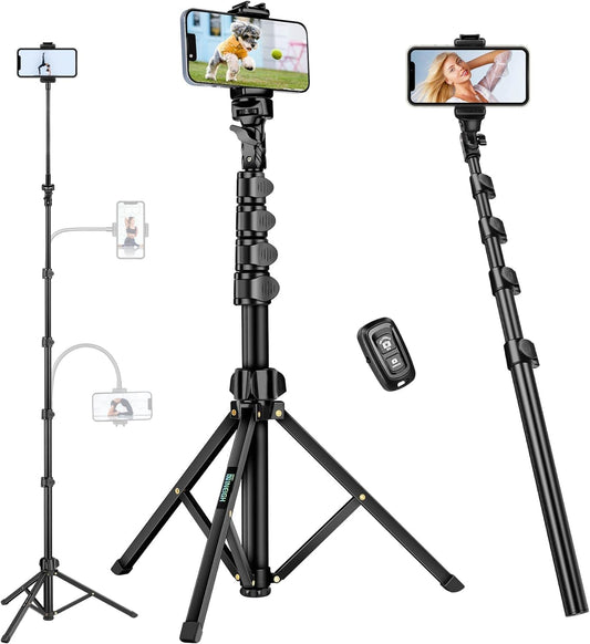 Selfie Stick Tripod, 85" Phone Tripod, Aluminum Tripod Stand for Video Recording Photo Vlog, Travel Cell Phone Tripod with Gooseneck/Remote/Phone