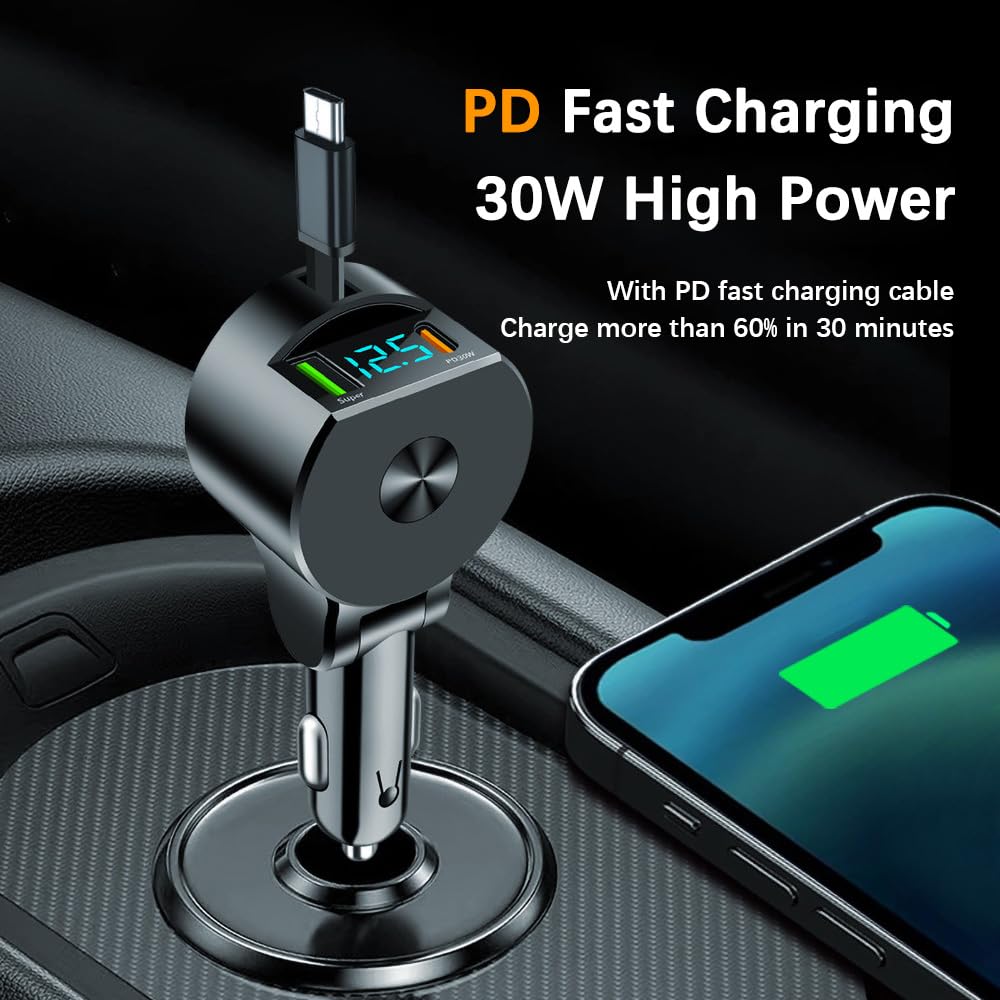 Alanph 75W 3-in-1 Car Charger Adapter with Voltage Detection, Super Fast Charging with Cable PD30W Retractable Cable for iPhone/Samsung/Android/iPad