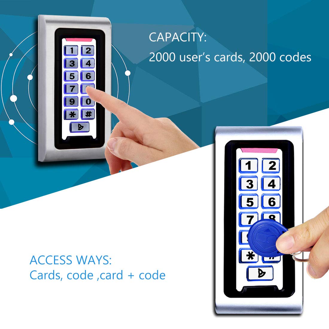 Door Access Control System Stand-Alone Password Keypad + 5PCS Proximity Keychains, Support 2000 Users Card Reader, Weatherproof, Backlight, Zinc Alloy