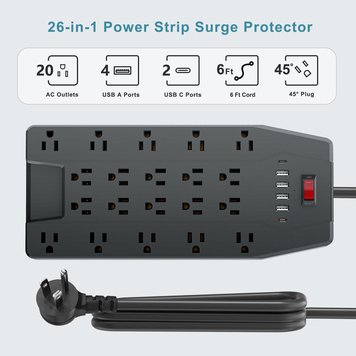 ZHANGONG Surge Protector Power Strip with 20 AC Outlets, 6 USB Ports (2 USB C), 1875W/15A, 2000J, 6.5FT Flat Plug Heavy Duty Extension Cord with 2