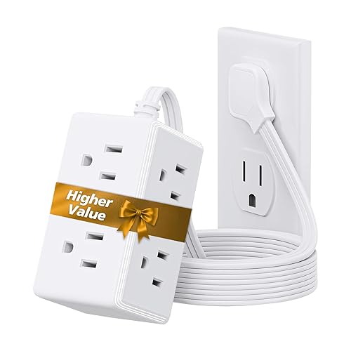 Flat Plug Power Strip 6 Outlet Extender 5FT Extension Cord Three Side Outlet Splitter Wall Mount Power Strip for Home Office Dorm Room (1PCS)