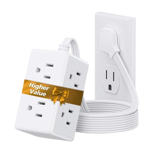 Flat Plug Power Strip 6 Outlet Extender 5FT Extension Cord Three Side Outlet Splitter Wall Mount Power Strip for Home Office Dorm Room (1PC)