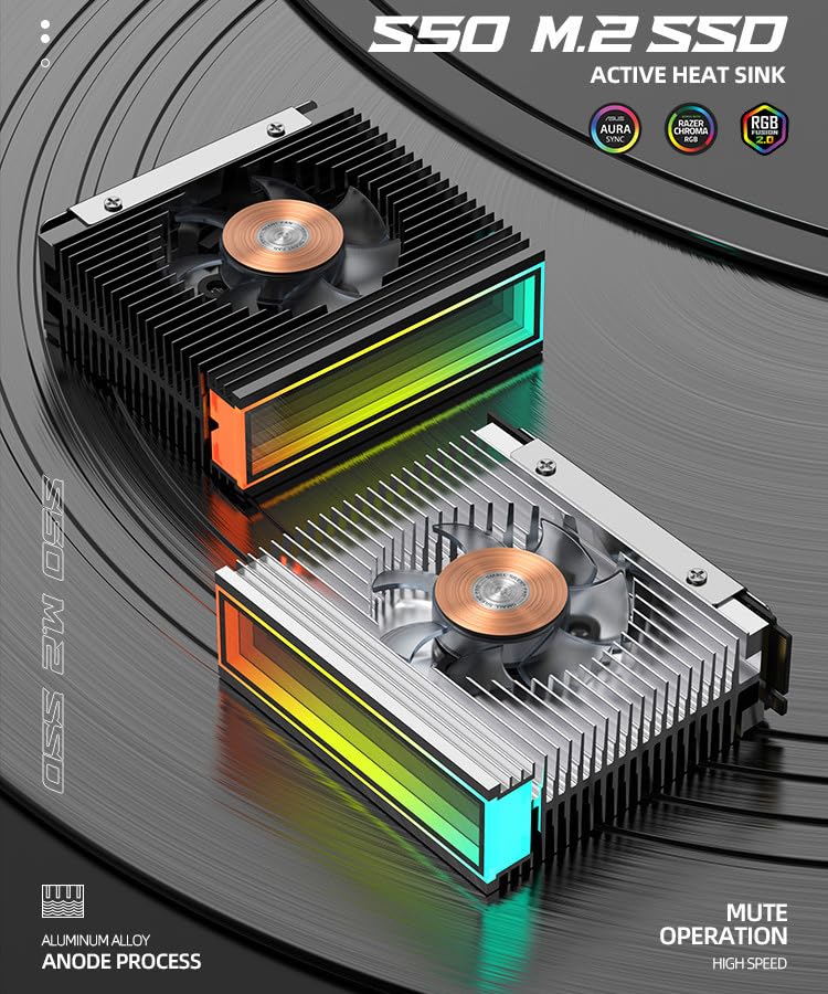 M.2 2280 ARGB Hard Drive Heatsink PWM Dual Fan Solid State Drive Radiator M2 SSD Cooling 5V 3Pin Addressable RGB Sync SSD Cooler with Thermal Pad