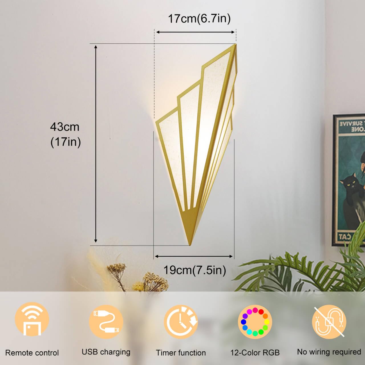 YFMYY Modern Battery Operated Wall Sconces Set of Two, Simple Creative Wall Lamp Art Deco Lighting Fixture with Remote Control, RGB Dimmable Led Wall