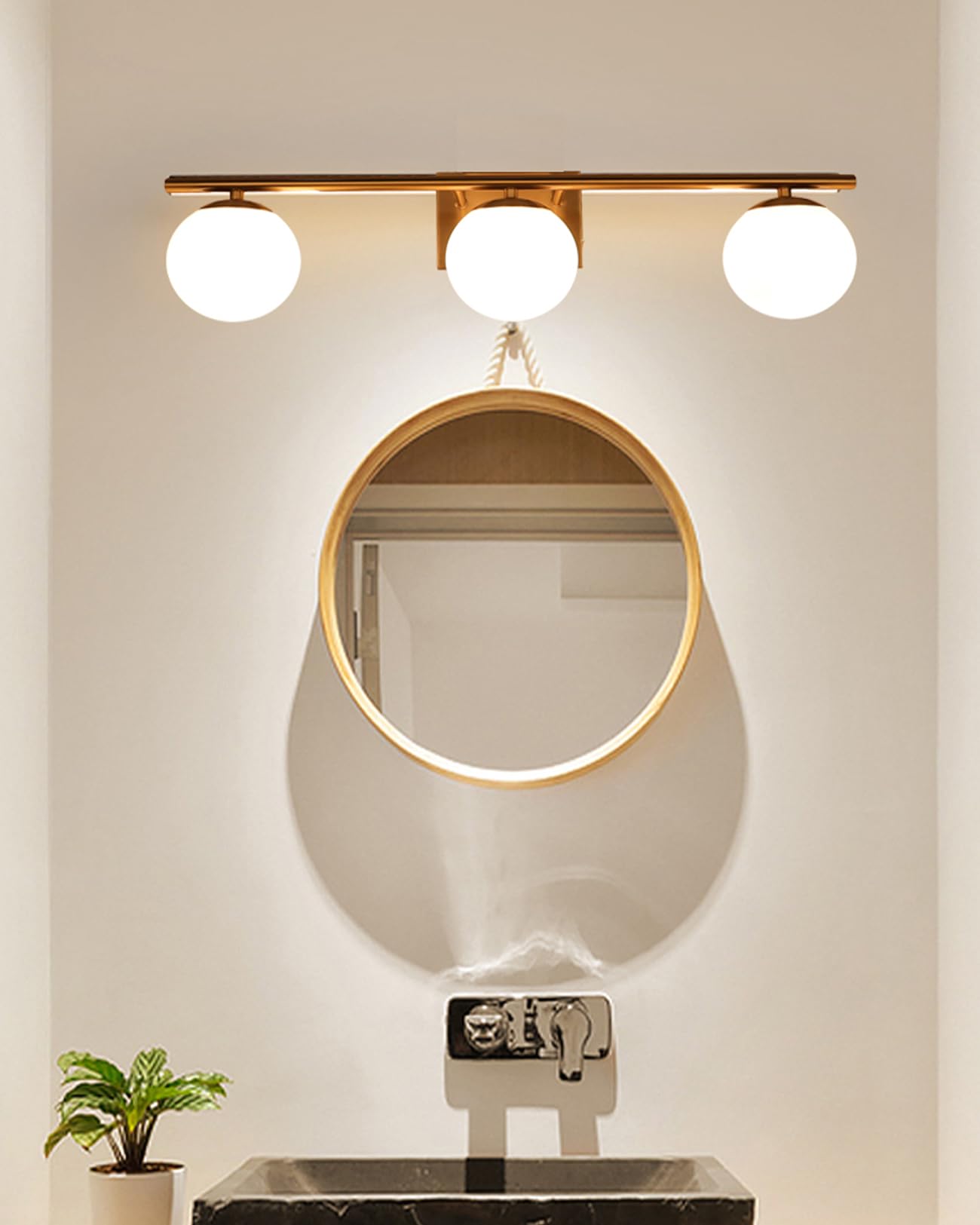 YHTlaeh Brushed Brass Bathroom Vanity Light fixtures,24‘’ 3 Lights Modern Globe Glass Shade Wall Sconce for Over Mirror, Damp Rated