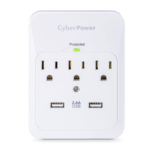 CyberPower CSP300WUR1 Professional Surge Protector, 600J/125V, 3 Outlets, 2 USB Charge Ports (2.1 Amps Shared) Wall Tap Plug