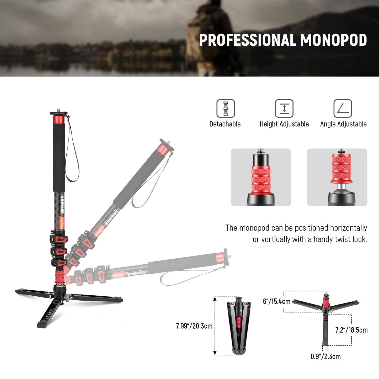 NEEWER 67.7" Camera Monopod Stand, Lightweight Carbon Fiber Travel Tripod with Detachable Base for DSLR Camcorder Video Recording, Telescopic Selfie