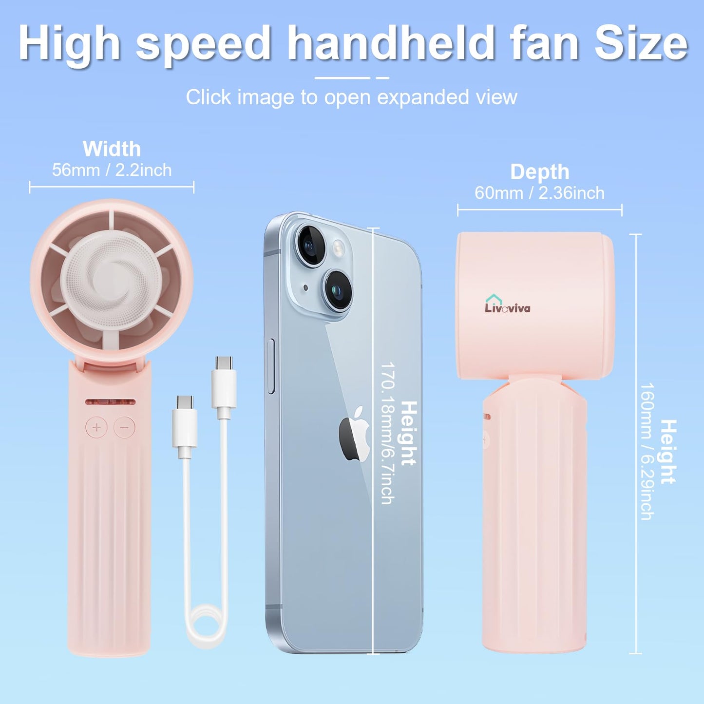 LIVAVIVA Handheld fan, adjustable blowing angle, mini portable turbo fan, USB Type-C rechargeable, infinitely variable speed high-speed personal fan