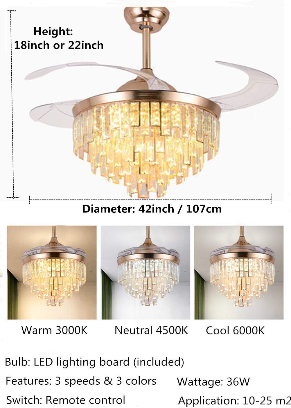 A Million 42" Crystal Ceiling Fan with Light Modern Luxury Chandelier Retractable Blades Remote 3 Speeds 3 Color Changes Silent Ceiling Fans Lighting