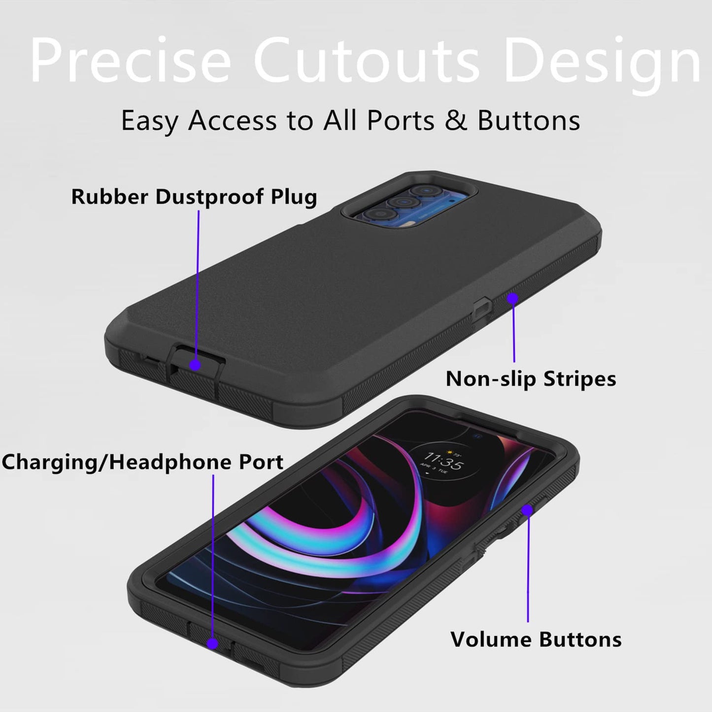 Heavy Duty Protective Case for Motorola Moto Edge 2021/5G UW - Dustproof, Shockproof 3 in 1 Rugged Phone Cover (Black)