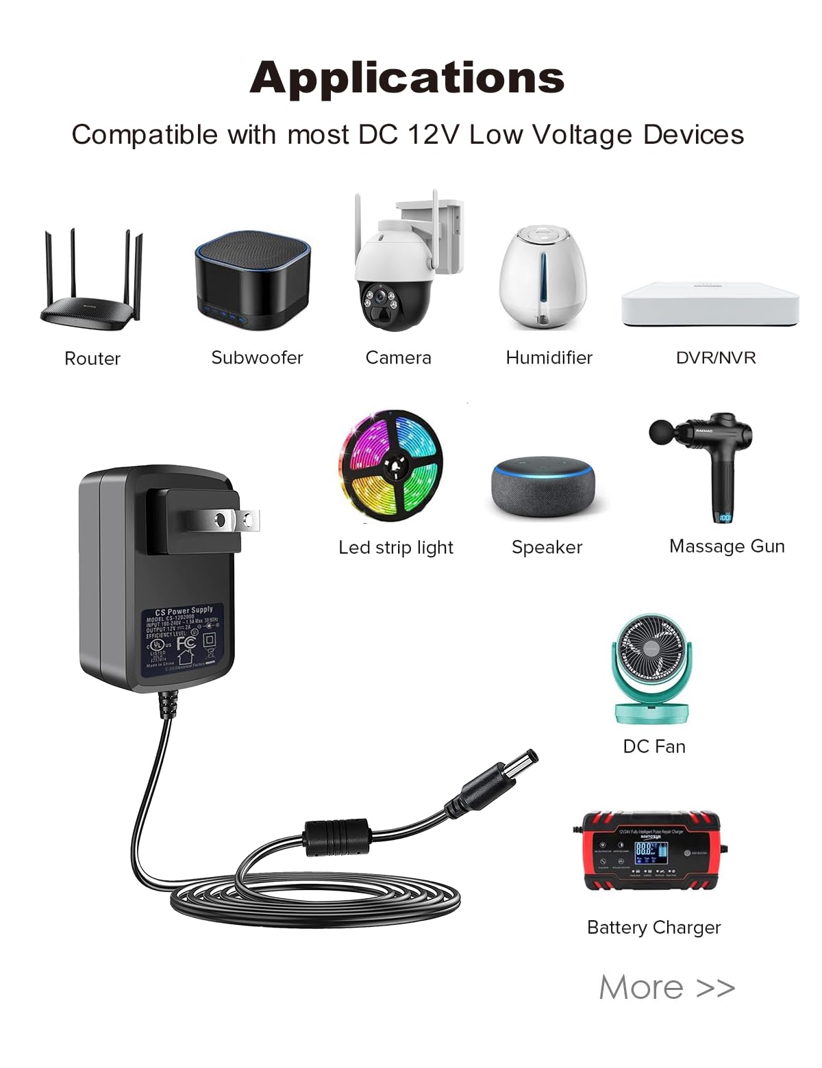 Lonnky DC 12V 2A Security Camera Power Adapter Combine with 1 to 4 Power Splitter for CCTV Security Camera System, UL/FCC Certificate for North