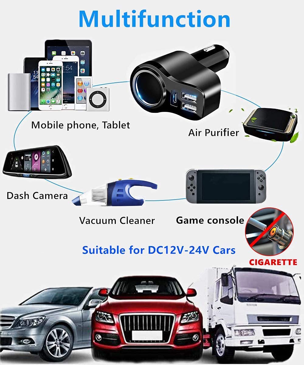 4 in 1 USB C Car Charger, 168W Multi USB Cigarette Lighter Adapter, Socket Splitter with 3 USB Ports, 12V/24V Dual USB Type C PD Fast Car Charger