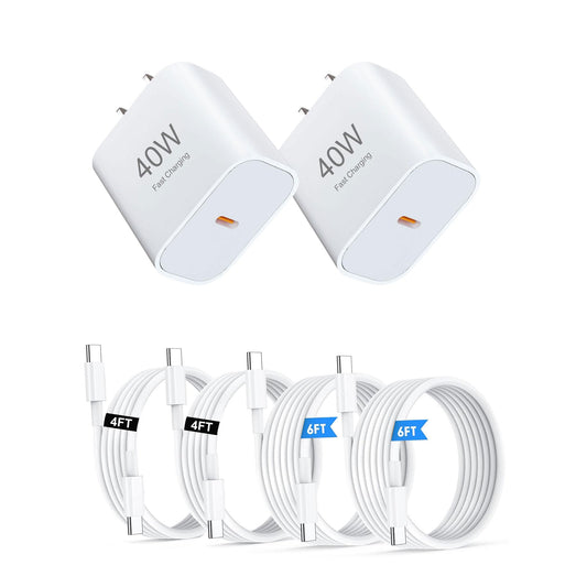 40W USB C Charger Block, 2-Pack Fast Charging Adapter with 4FT & 6FT Type C Cables(2 Each), PD 3.0 Wall Charger Plug Compatible with iPhone 17/17