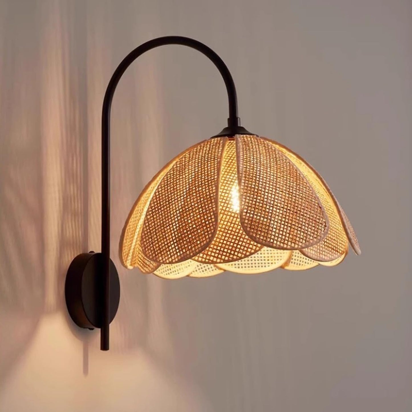 Bofea-Boho Rattan Wall Sconce Black Hard-Wired Wall Lamp,Handmade Creative Rattan Flower Petal Sconces,Farmhouse Living Room Indoor Lighting,Vintage