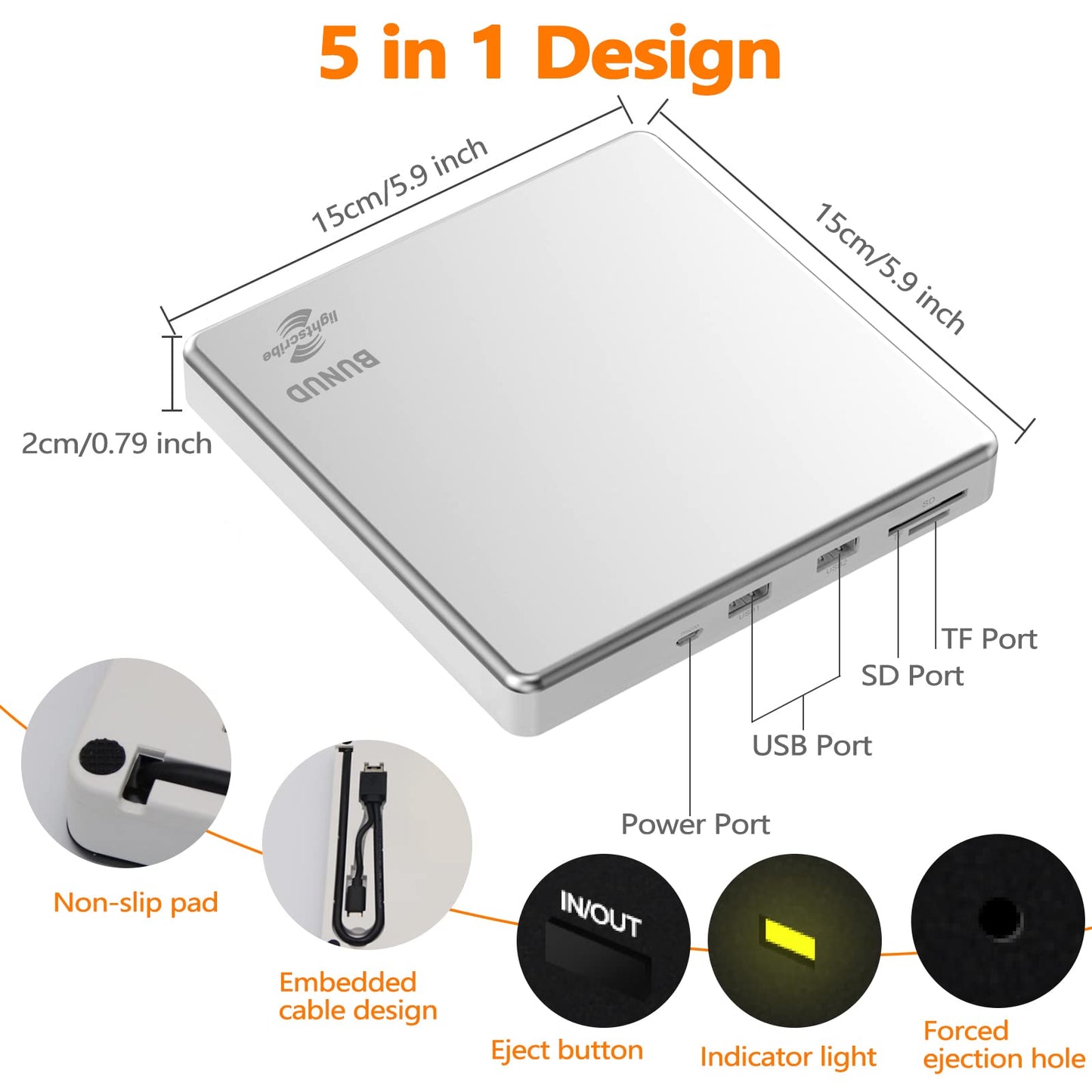 External CD DVD Drive LightScribe CD/DVD +/-RW Burner Player Writer Optical Disk Reader Portable CD DVD Drive for Laptop Mac MacBook PC Windows 11 10