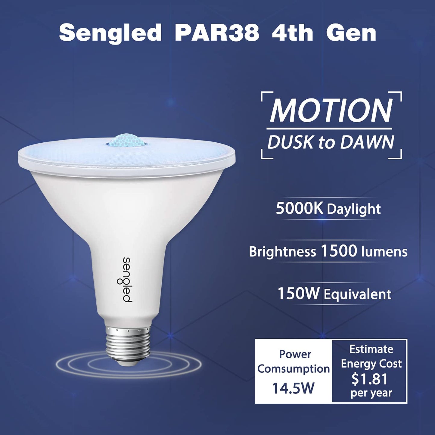 Sengled Motion Sensor Flood Lights Outdoor Dusk to Dawn Security Light Bulbs, E26 Base PAR38 Motion Activated 5000K Daylight, 1500LM, Waterproof LED