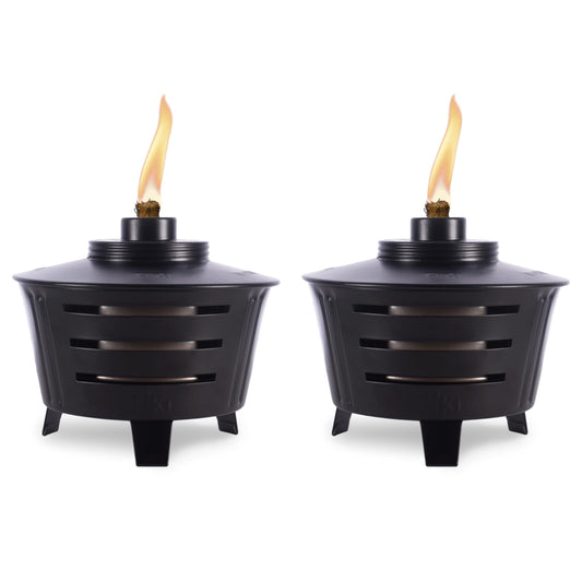 TIKI Mini Fire Pit Tabletop Torch 2-Pack, Outdoor Decorative TIKI Torch for Patio, Backyard, and Garden, Black Metal Tabletop Flame Torch, Includes