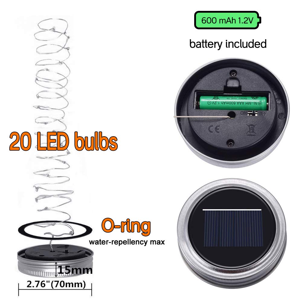 SunKite Solar Mason Jar Lights [Updated], 8 Pack 20 LED Waterproof Fairy Firefly Jar Lids String Lights with Hangers(NO Jars), Patio Yard Garden
