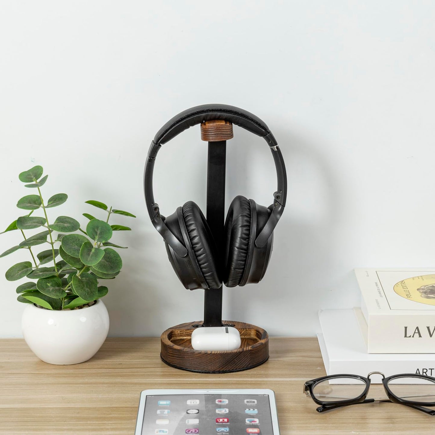 MyGift Deluxe Urban Matte Black Metal Headphone Stand with Rustic Solid Wood Base, Desktop Office Gaming Headset Holder Pedestal Display Rack