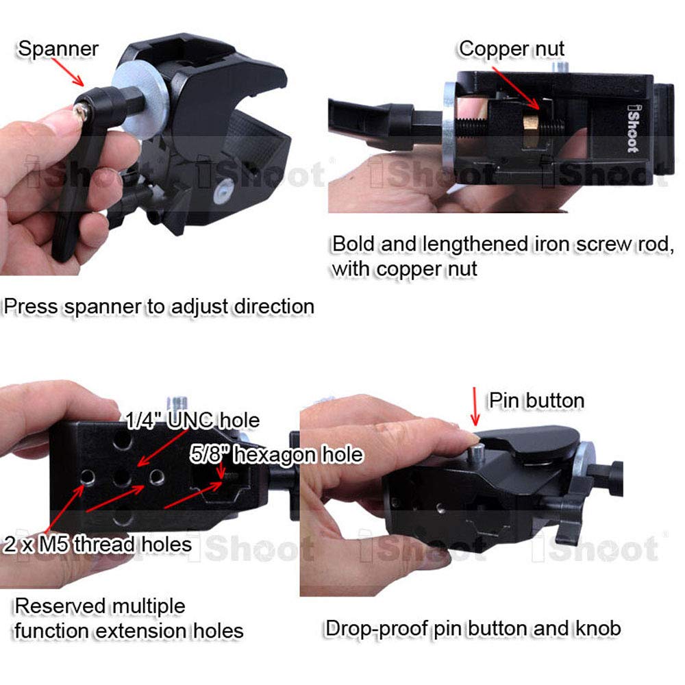 iShoot Super Strong Universal Metal Photo Photography Camera Crab Clamp Holder for 5cm Round Tubes Tripod Light Stand Boom & 3cm Square Tube Desk