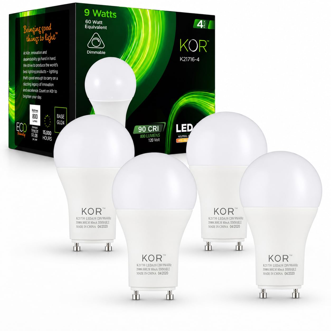 KOR GU24 A19 LED Light Bulbs, 3500K Natural White, Dimmable, 9W, 4-Pack