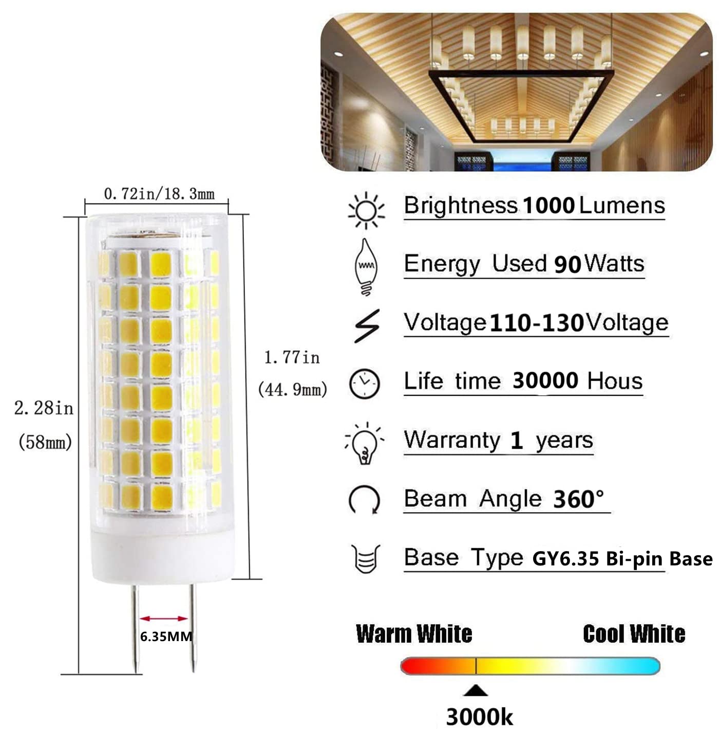 Minsily GY6.35 LED Bulb 10W G6.35 Bi-pin Base Dimmable LED Ceramics Corn Bulb 90W Halogen Equivalent 102 LEDs 2835 SMD 1000LM T4 G8 Light Bulb 110V