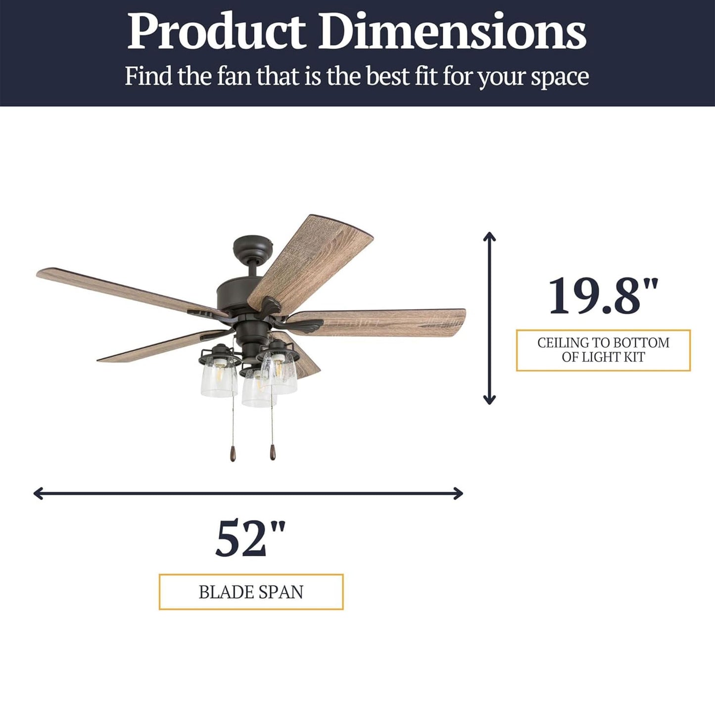 Prominence Home River Run 52" Farmhouse LED Ceiling Fan with Light and Pull Chain, Bronze - Large Indoor Electric Fan with 3 Mounting Options, 5 Dual