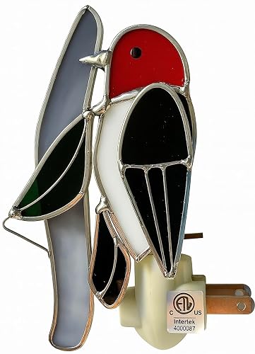 Red-Headed Woodpecker Stained Glass Night Light - Made from Real Stained Glass and Plated with a Silver Finish for Strength and Beauty