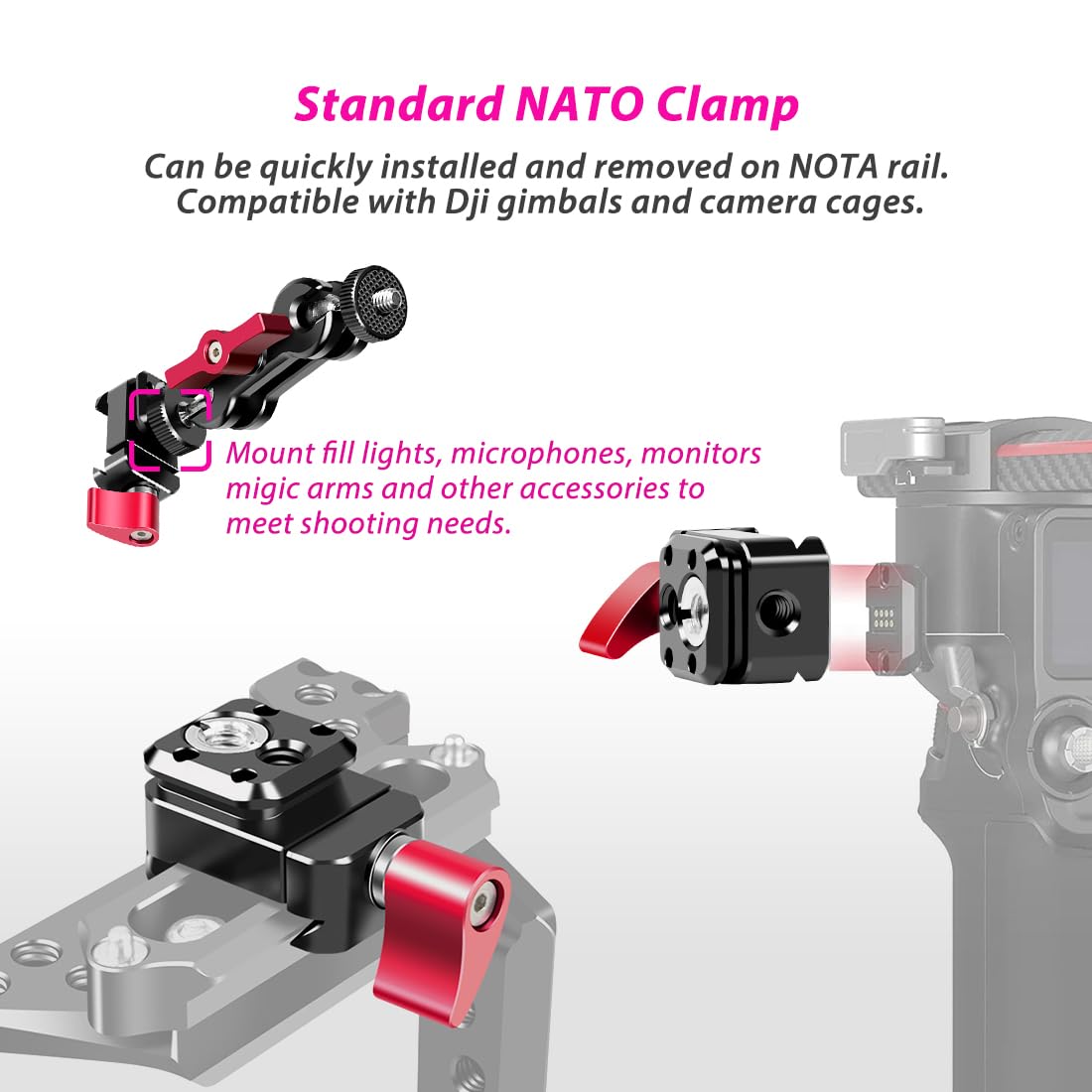 Akeipho Adjustable NATO Rail Clamp Adapter for DJI RS3 Pro / Mini / RSC2, Camera Cage NATO Clamp with 3/8" 1/4" Holes & ARRI Locating Pins