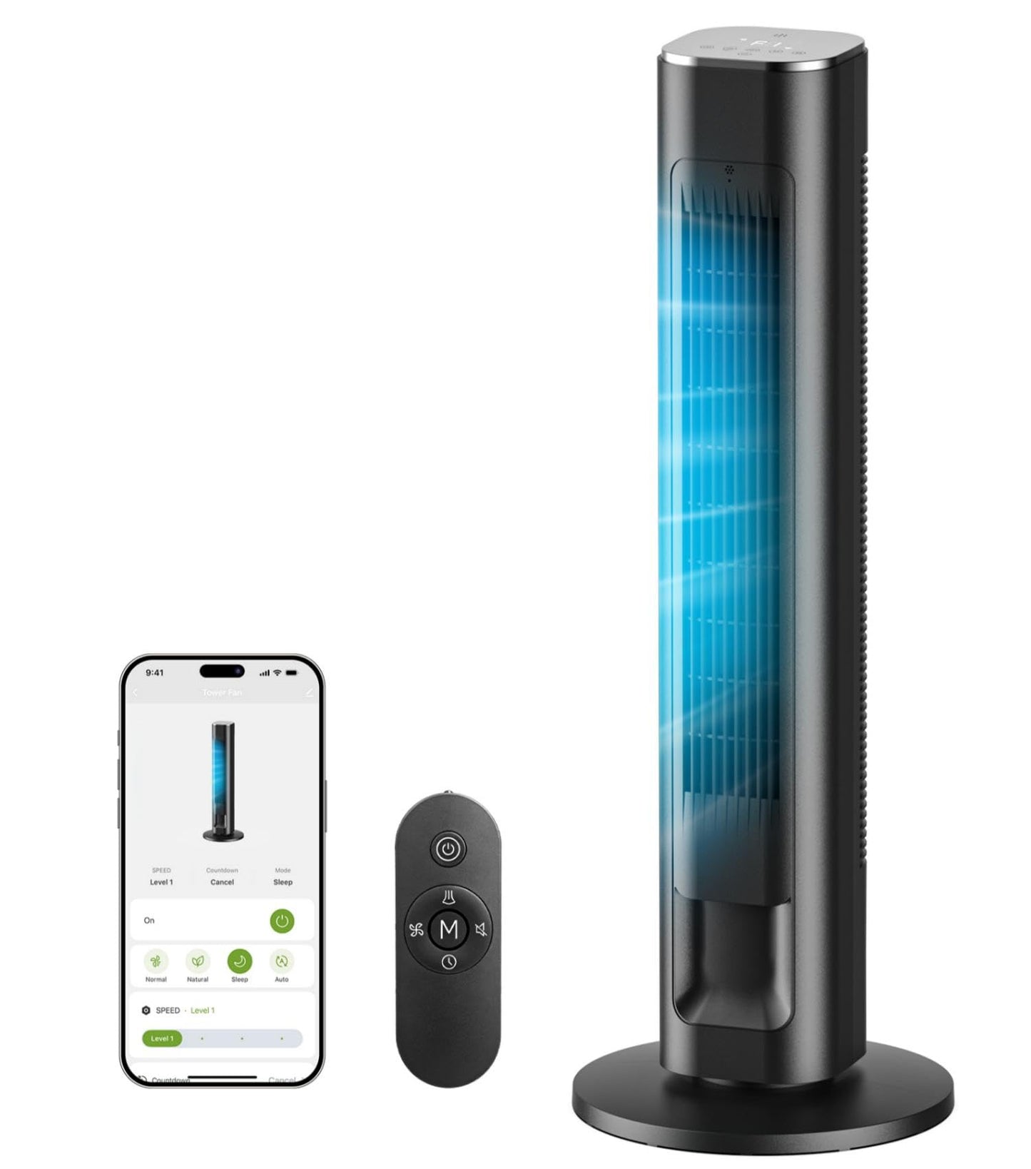 MORENTO Smart Tower Fan with Remote, WiFi/App/Voice Control, 25dB, Black
