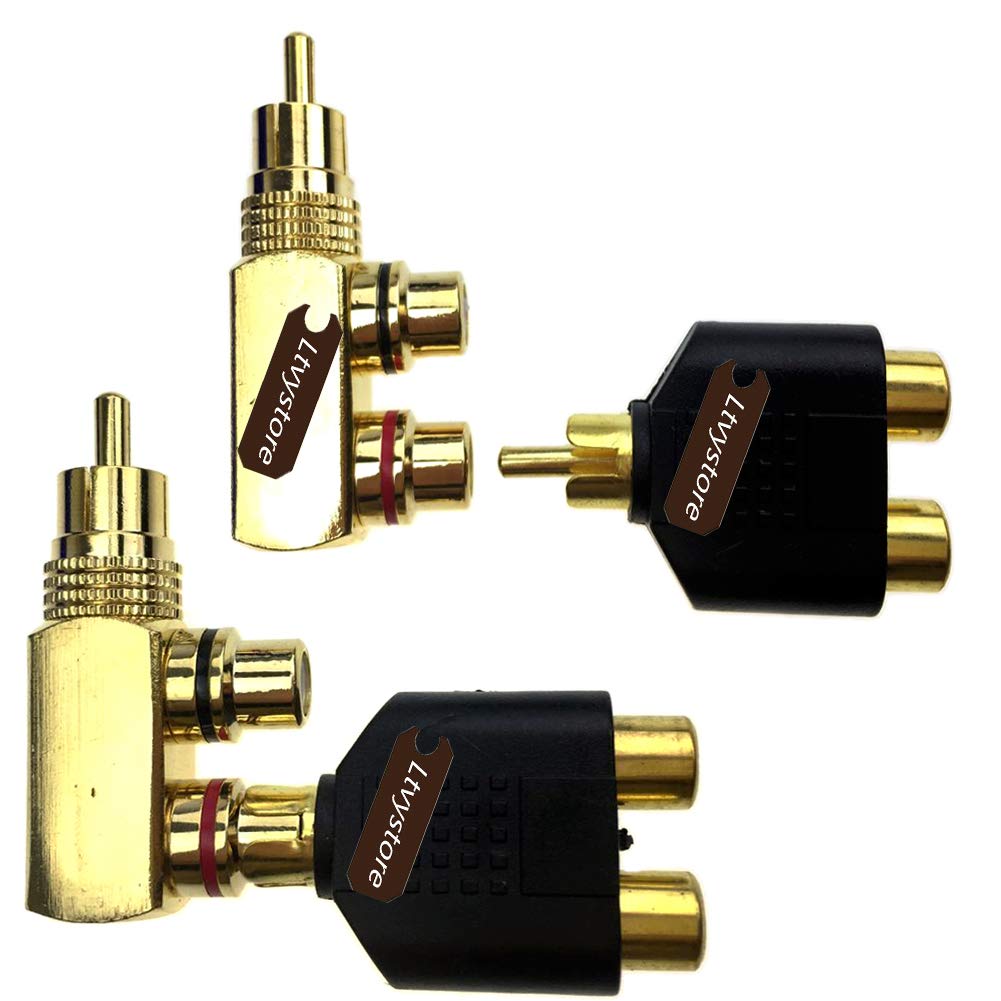 Ltvystore 2Pcs RCA Male to 2 Female Right Angle Plug Splitter Adapter Connector & 5 Pcs Audio Video Gold Male to 2 Female Coupler Adapter